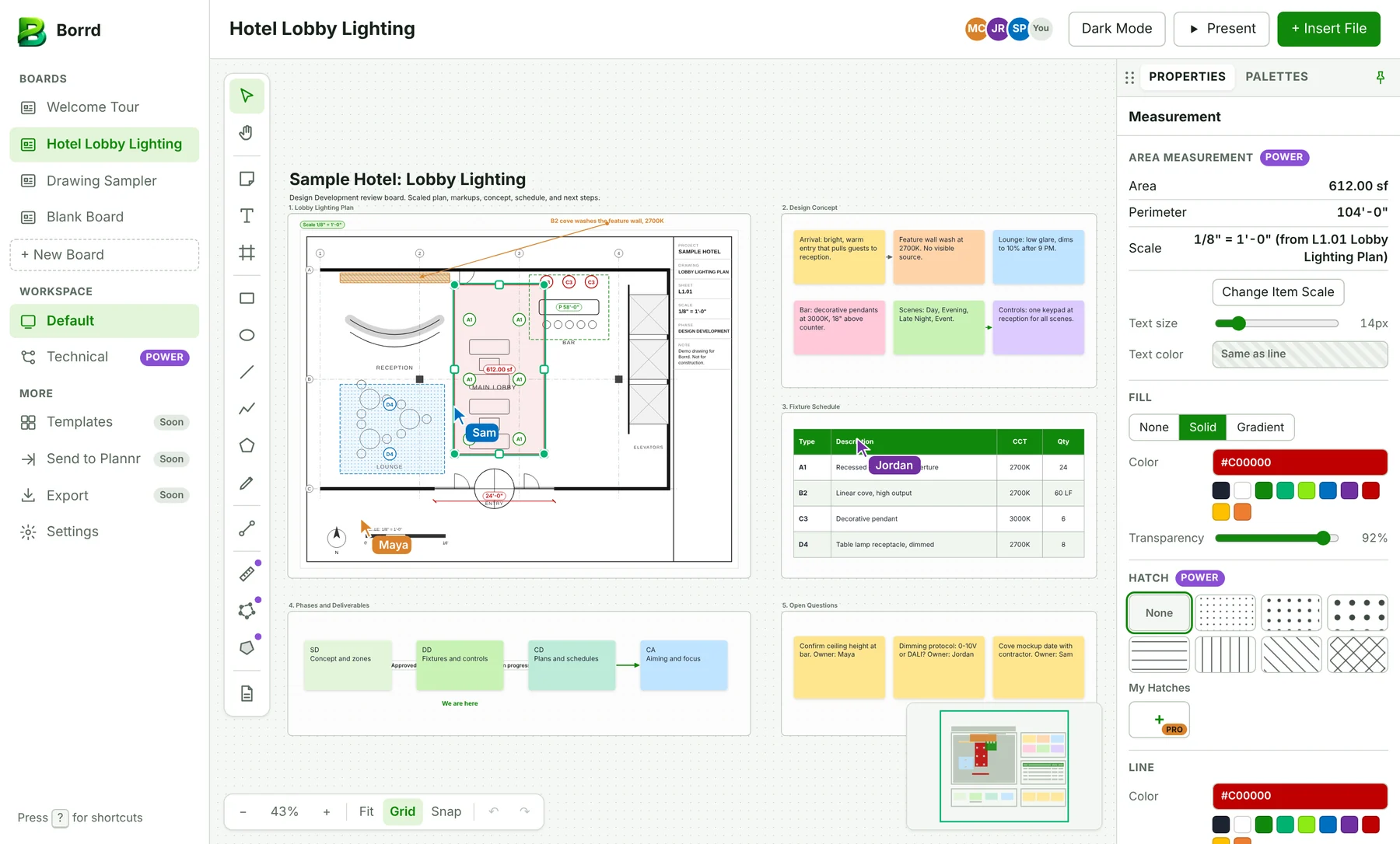 Borrd board for a hotel lobby lighting project with a scaled plan, concept notes, fixture schedule, and next steps